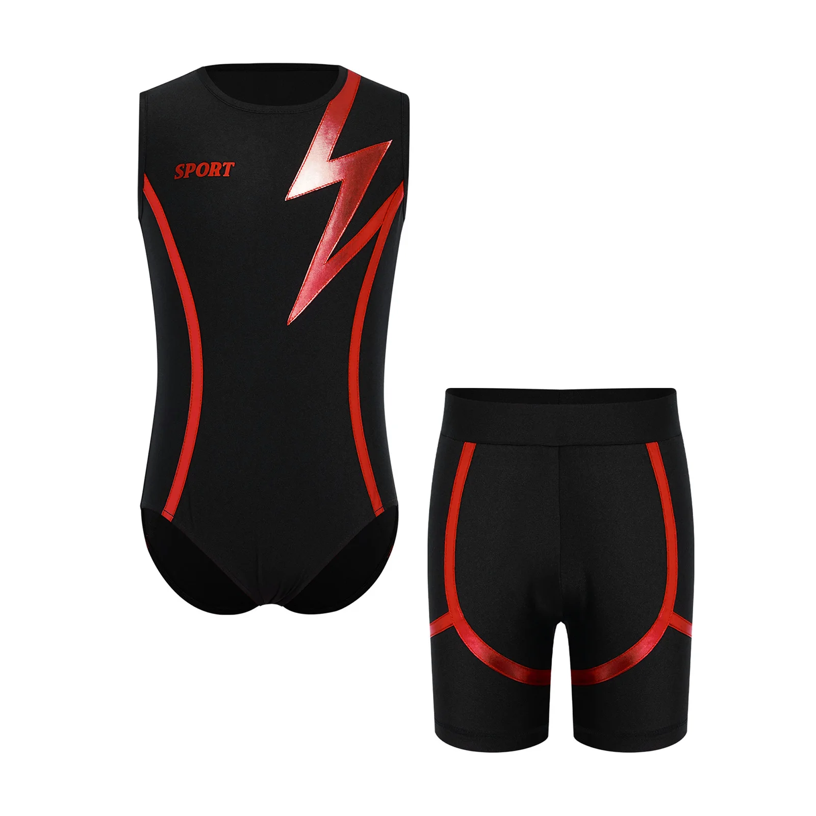 

Kids Boys Gymnastics Sports Outfits Sleeveless Printed Athletic Leotard with Shorts for Skating Training Yoga Workout Cycling