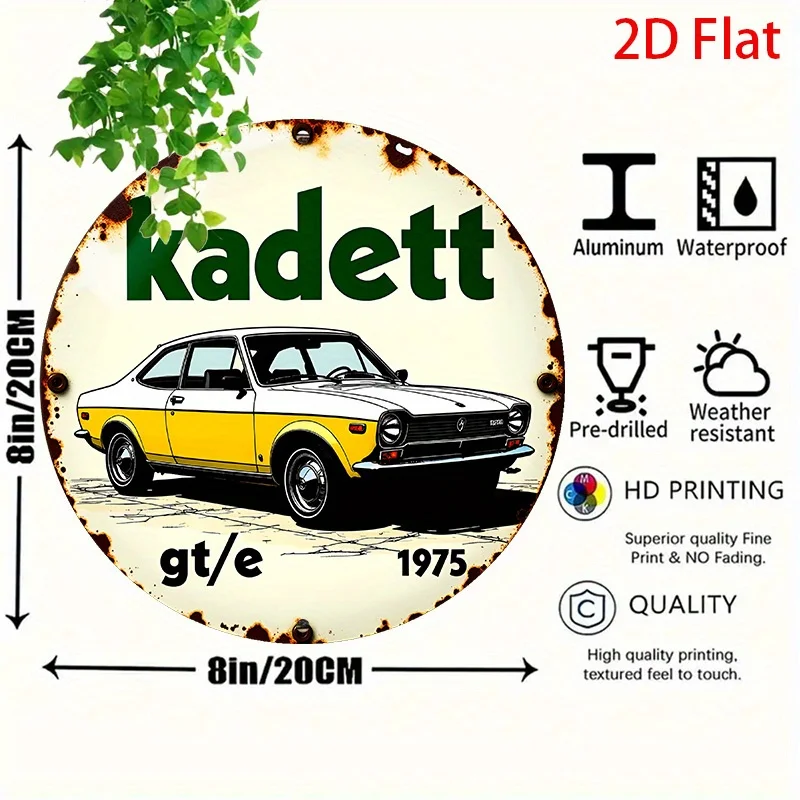 لافتة مسطحة ثنائية الأبعاد، قطعة واحدة من Kadett GT/E 1975 لافتة قصدير ألومنيوم دائرية كلاسيكية مقاس 20. × 20 سم مع تصميم سيارة كلاسيكي، مناسبة #4