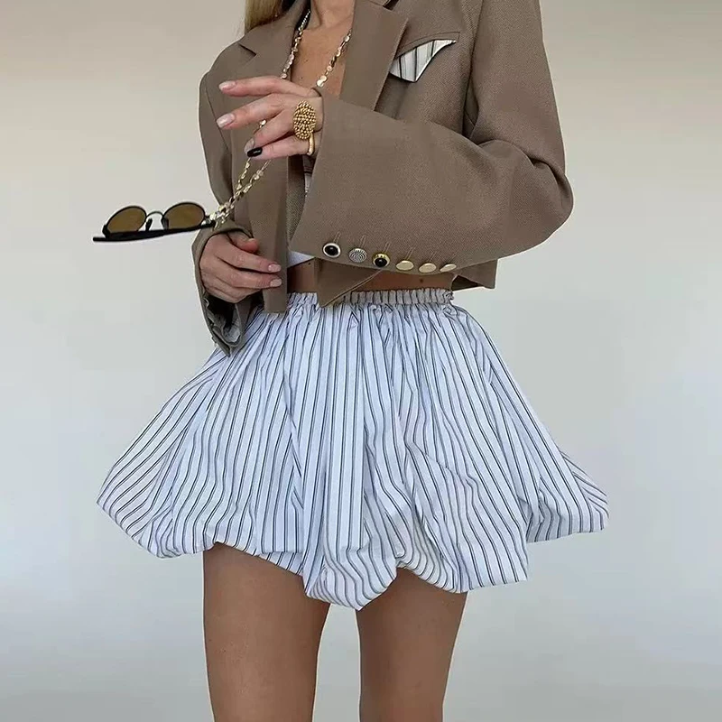 

French Witty Girl Summer Fashion Skirts Personality Trend Stripes Simple Design Sense Contrast High Waist Short Pleated A-Skirts