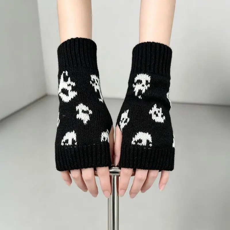 Neue Halloween-Totenkopf-Strickhandschuhe für Halbfinger-Fingerlose Handschuhe, Warme Winter-Wollhandschuhe für Draußen – Detail 9