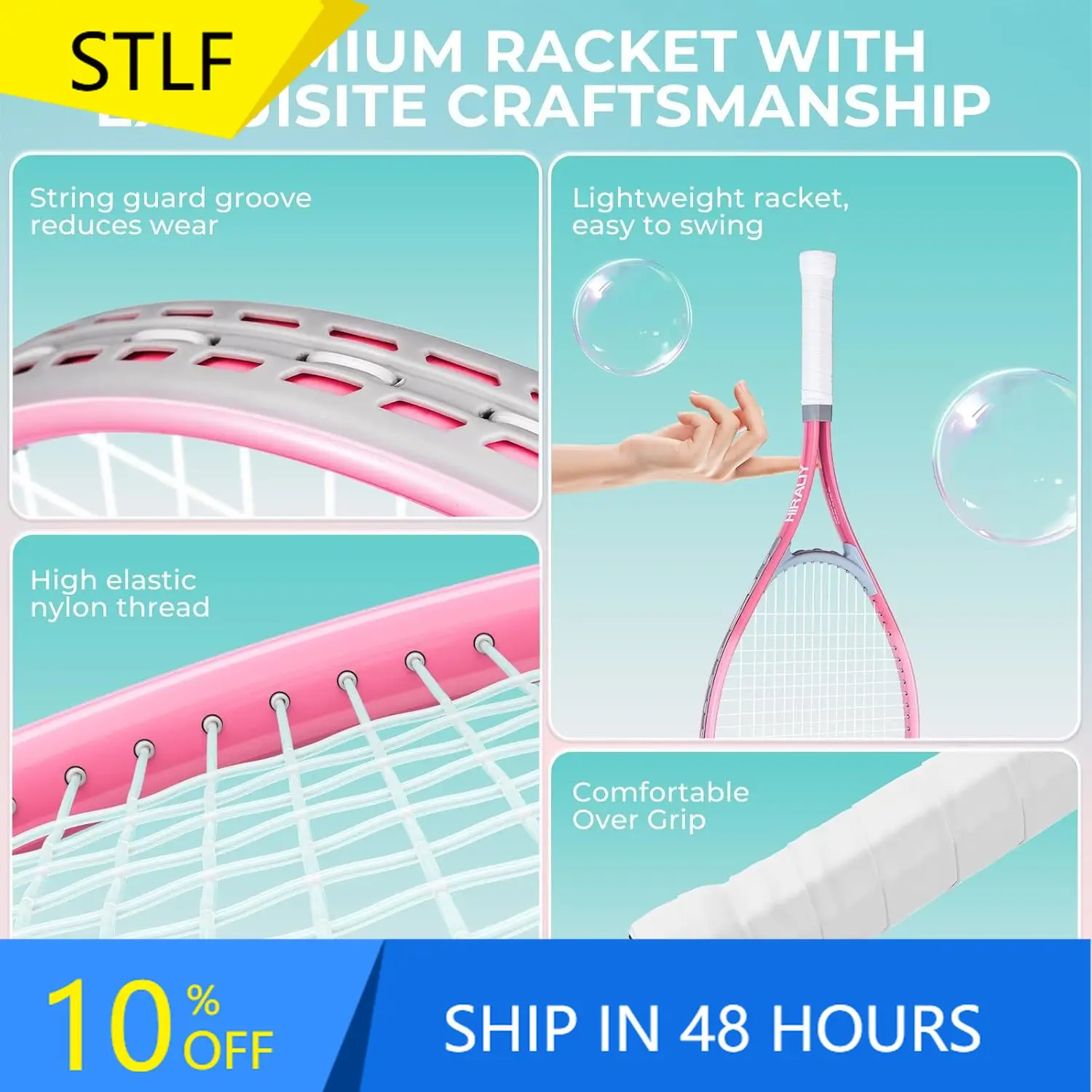 

STLFHIRALIY 27\" Pre-Strung Tennis Rackets Set for Adults 2 Player Racquets 2 Overgrip Tapes 3 Balls 4 Carrying Bag Outdoor