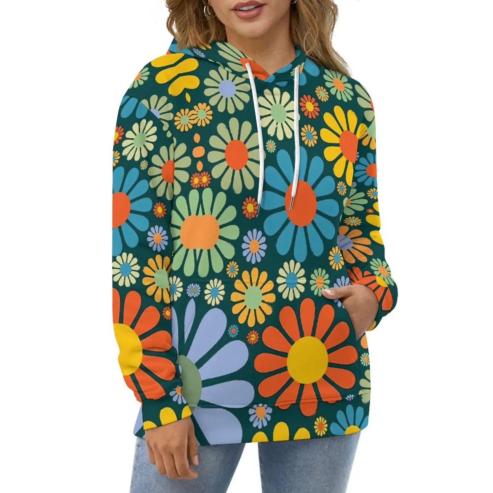 Retro Flower Power Hoodies Colorful Floral Print Hip Hop Casual Hoodie Long Sleeve Y2k Graphic Sweatshirts Large Size