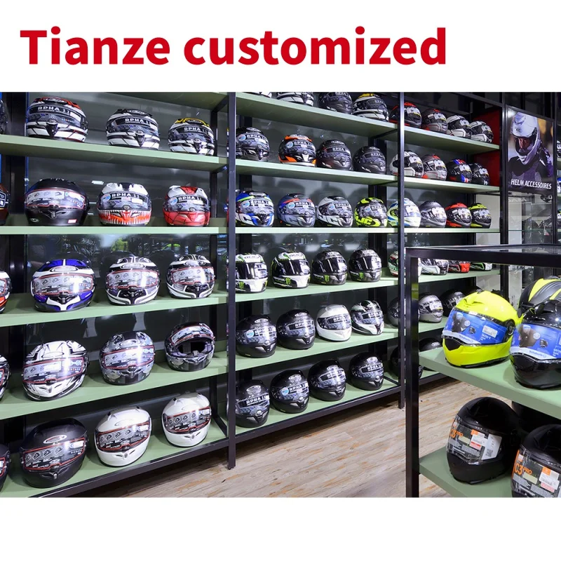 (Customized) Motorcycle Shop Decoration Layout Plan Wooden Metal Sport Equipment Shelf Sportswear Store Fittings Design