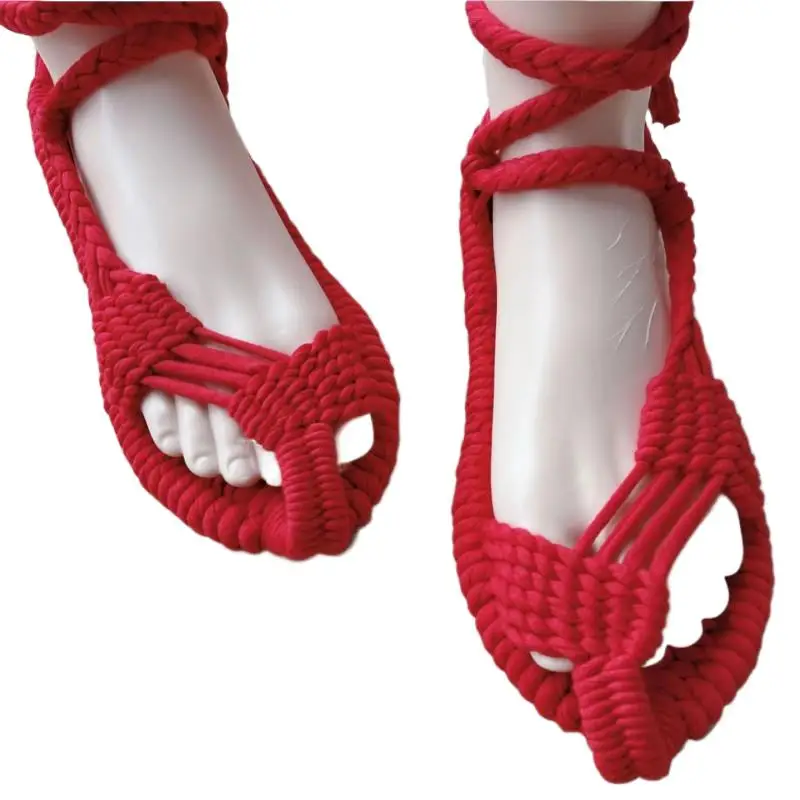 

Handmade Knitted Sandals Shoes Yarn Diy Personality Open Toe Fashion Men Summer Flat Women Featured Lace-up Special Non-Slip