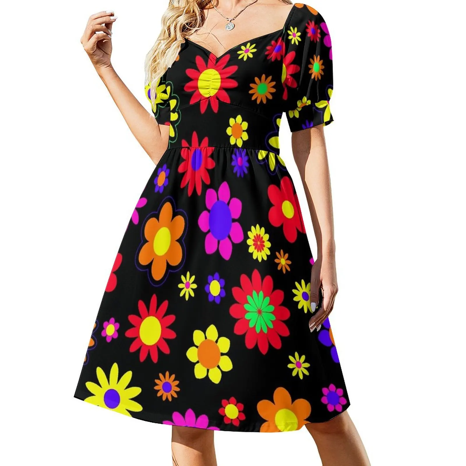 

Retro Hippie Flower Power Pattern Short Sleeved Dress Long dresses Beachwear Clothing Dress