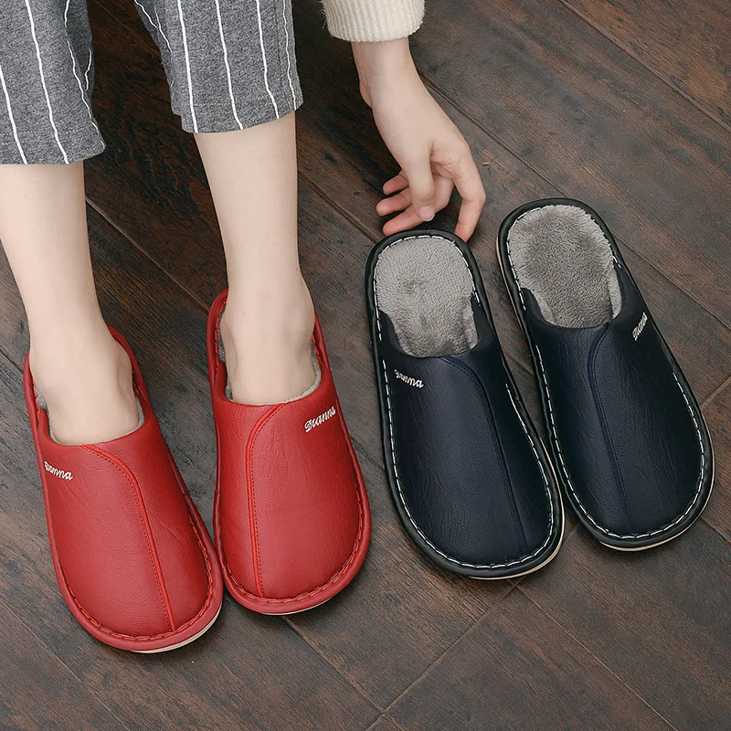 

Cotton Slippers for Men, Winter Home,Couples,Thick-soled Leather,Waterproof and Anti-slip,Plush Postpartum Warm Women's Slippers