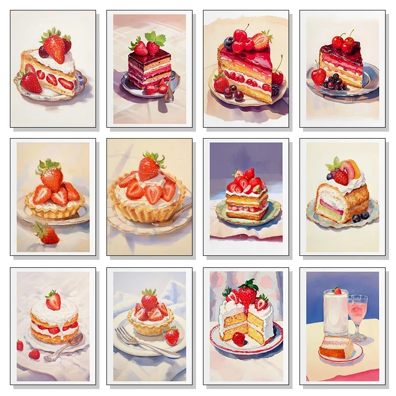 Póster de Arte de Pared con Diseño de Repostería en Acuarela: Cupcakes, Pastel de Frutas, Tartaletas de Fresa, Cuadros Decorativos para el Hogar
