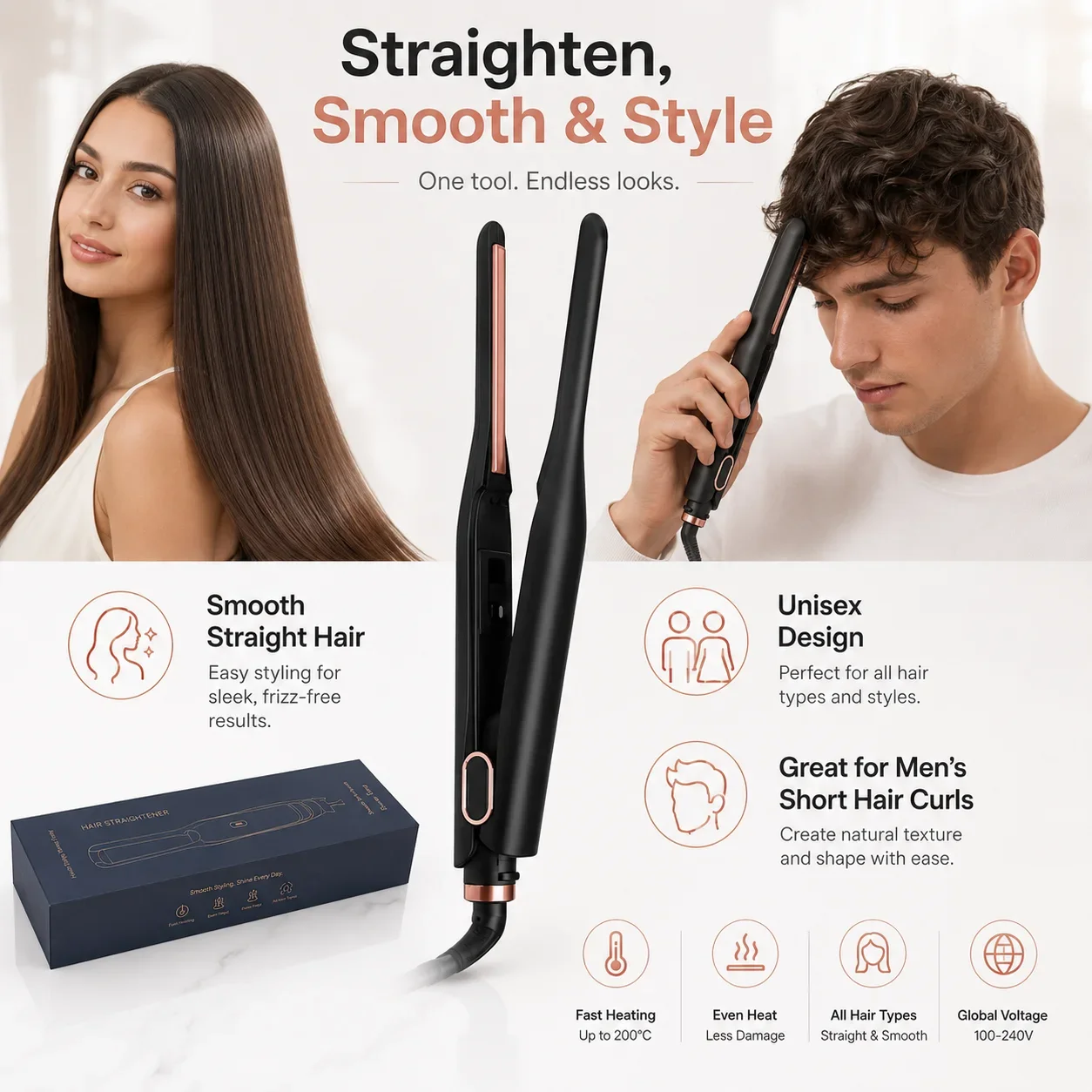 2 In 1 Mini Hair Straightener&Curler Small Flat Iron for Short Hair Women And Men Beard Straightener Pencil Hair Straightener
