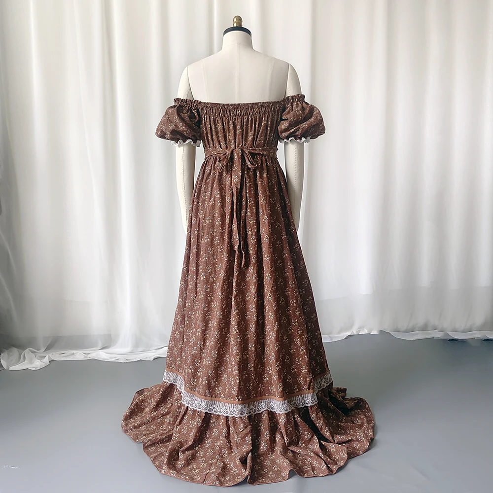 Gaun Hamil Elegan Pemotretan Gaun Hamil Lengan Lentera Bahu Terbuka Motif Bunga Vintage untuk Pakaian Wanita Baby Shower