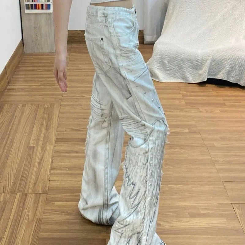 

American retro printed wing patch women jeans punk style slim fit men and women bell bottoms floor mopping pants