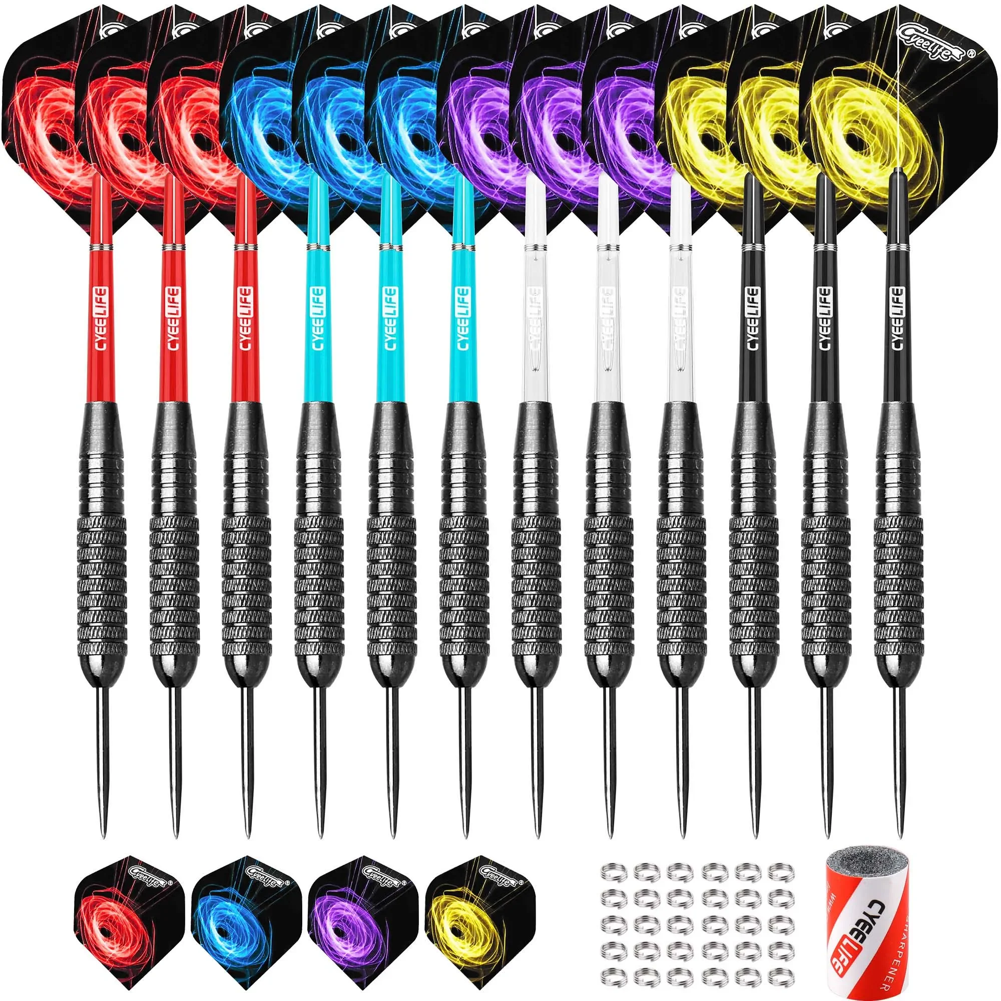 CyeeLife Steel Tip Darts Set - Professional 12 Packs with PVC Shafts, O Rings, Sharpener, Flights