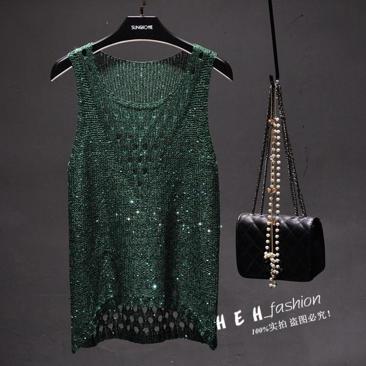 0 Summer sexy hollow out knitted tank tops women shiny gold Silver sequined tank tops women bling bling shiny knited vest top