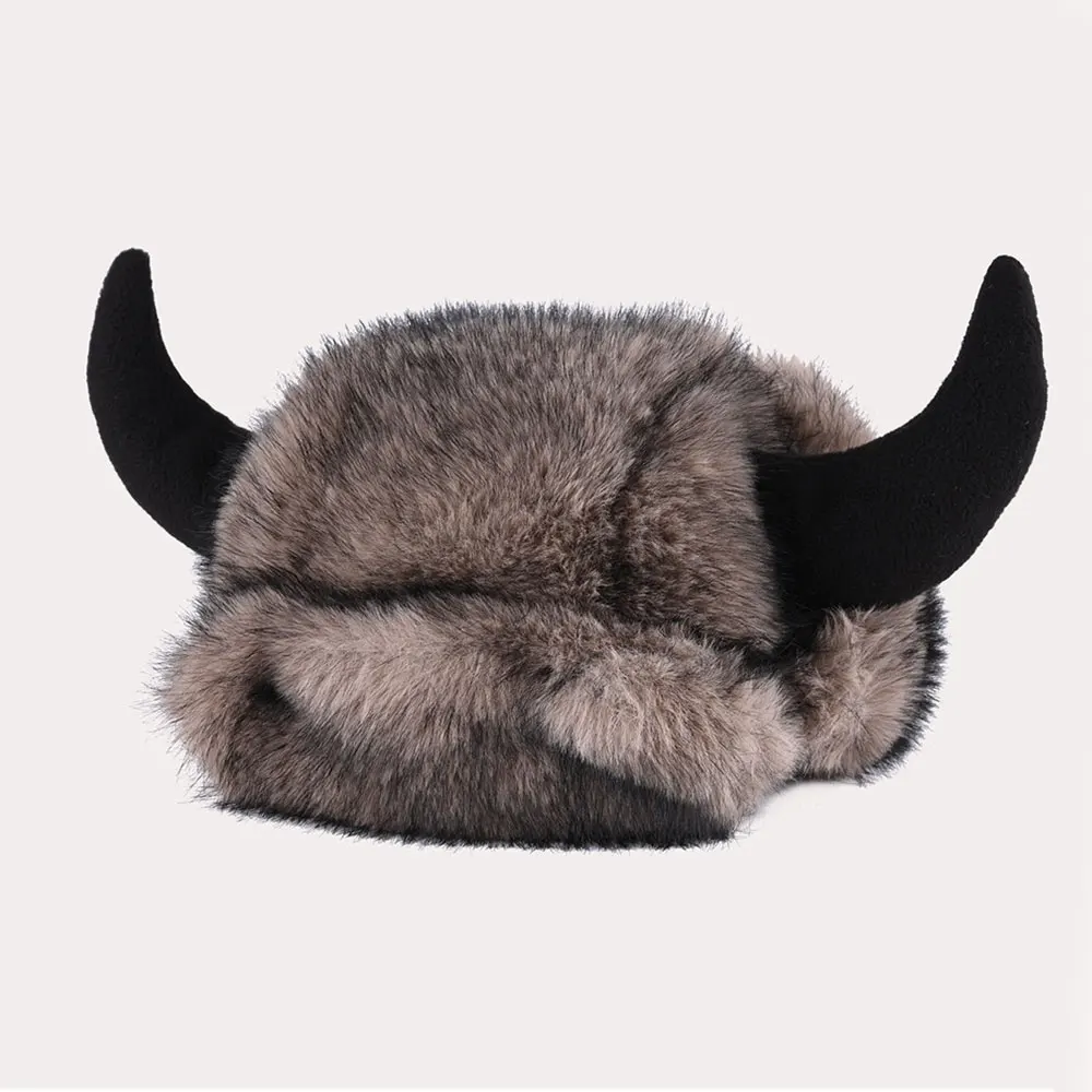 

56-61 см Унисекс Шапка из бычьего рога Зимняя шапка из искусственного меха Мягкая плюшевая пушистая шапка с головой быка Защита ушей Универсальный стиль Утолщенные теплые шапки