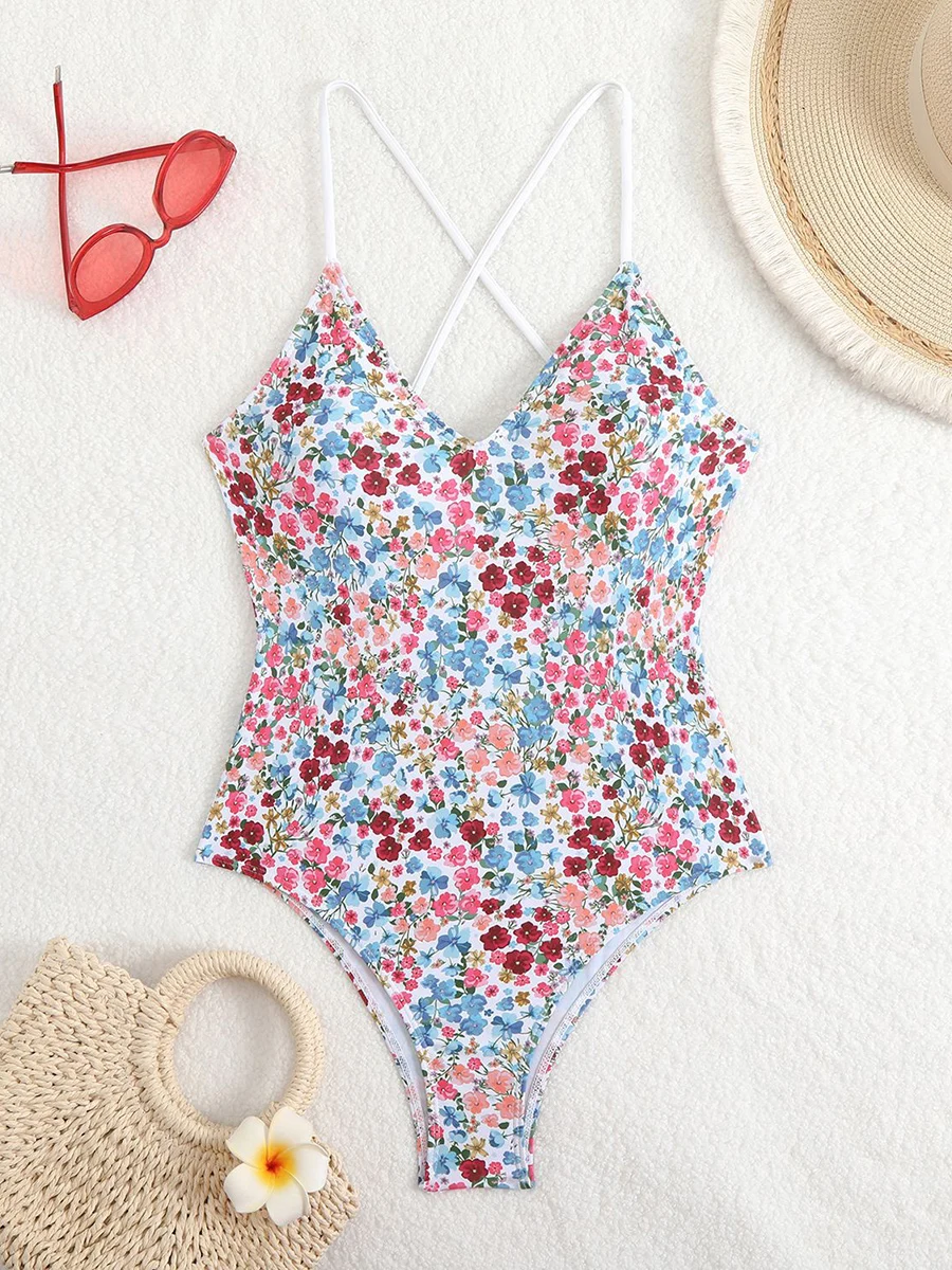 Sexy Floral One Piece Swimsuits Women Bathing Suit V Neck Swimwear Female Monokini Cross Backless Swimming for Suits Beachwear view 5