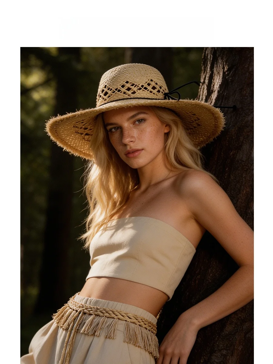 handwoven-raffia-straw-sun-hat-with-bow-tie-breathable-beachwear-fetsbuy-pure-natural-material-women's-summer-hat