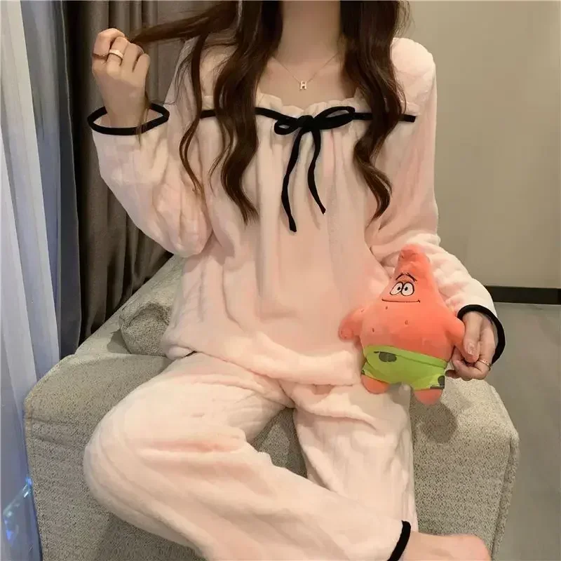 Square Collar Women Pajamas Set Winter Warm Sleepwear Fleece Velvet 2 Piece Pants Home Wear Suit Fluffy Korean Solid Night Wear