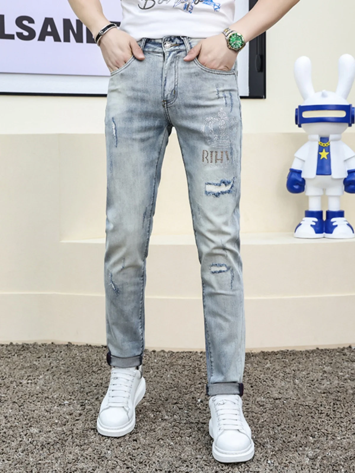 

Men's Slim Fit Jeans with Rhinestones Casual Elastic Waist Hole Design Spring Summer New Sle Cotton Stretch Denim Pants