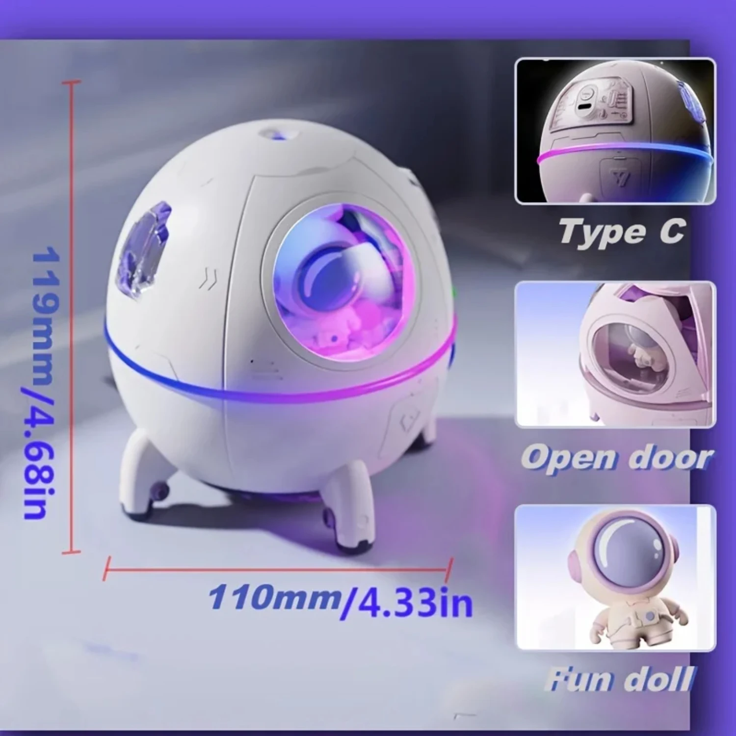 NEW Cool Mist Astronaut-shaped 220ML Rechargeable USB Ultrasonic Aromatherapy Water Diffuser, Blue Space Capsule Air Humidifier