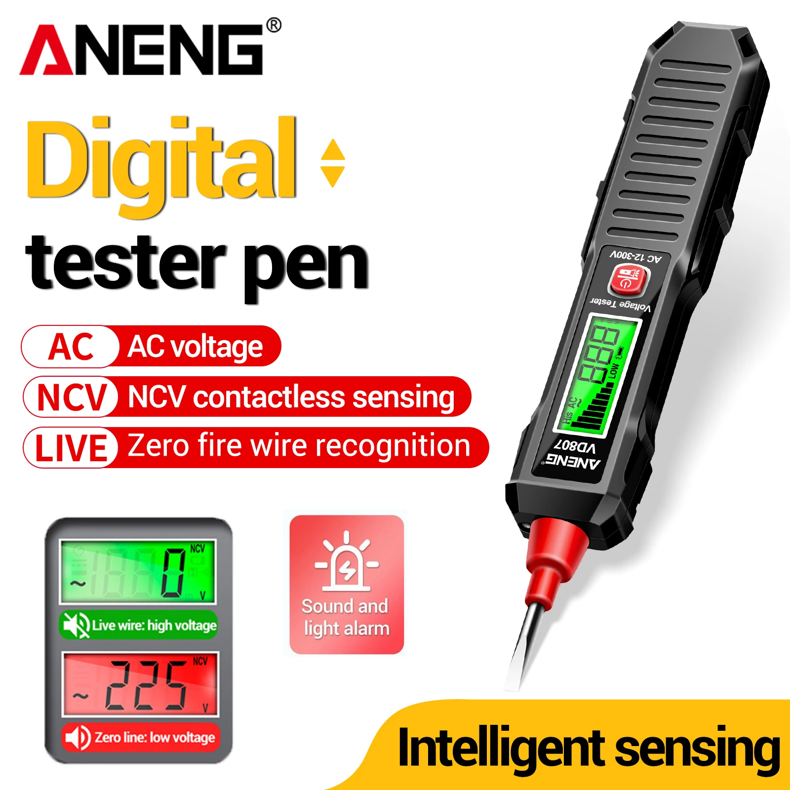

Non-contact Voltage Tester Pen ANENG VD807 Pocket One-word Induction Voltage Detector Pen Meter AC 12-300V 50/60Hz Tester Tools