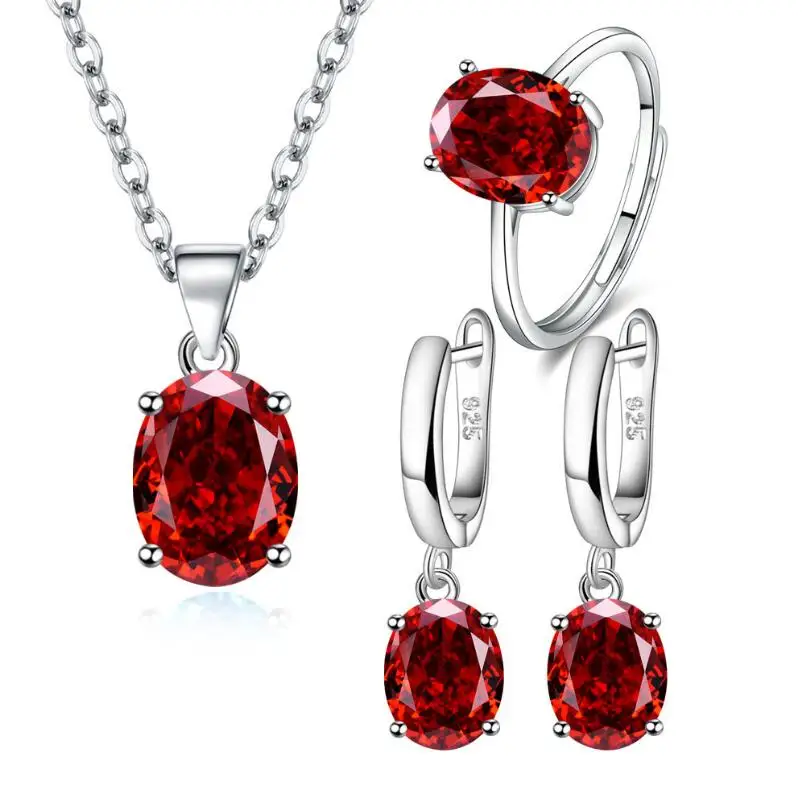 Oval Cut Genuine Natural Red Garnet 925 Sterling Silver Ring+Necklace+Earring for Women Fashion Gemstone Jewelry Set Bijoux