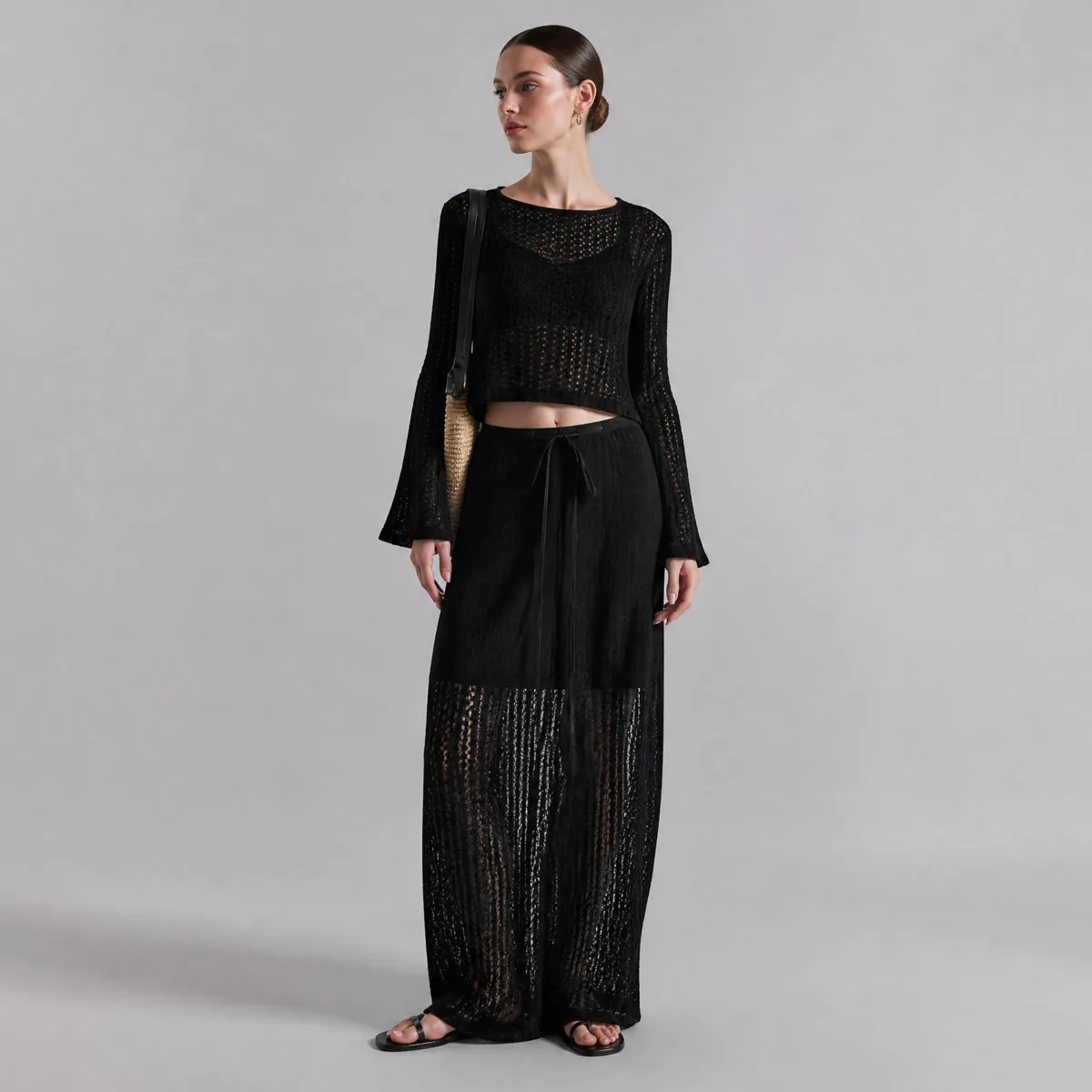 IG 2026 Women's Hollow Out Knit Two Piece Set, Flare Sleeve Cropped Top & Drawstring Waist Maxi Skirt With Bow Belt Matching view 3