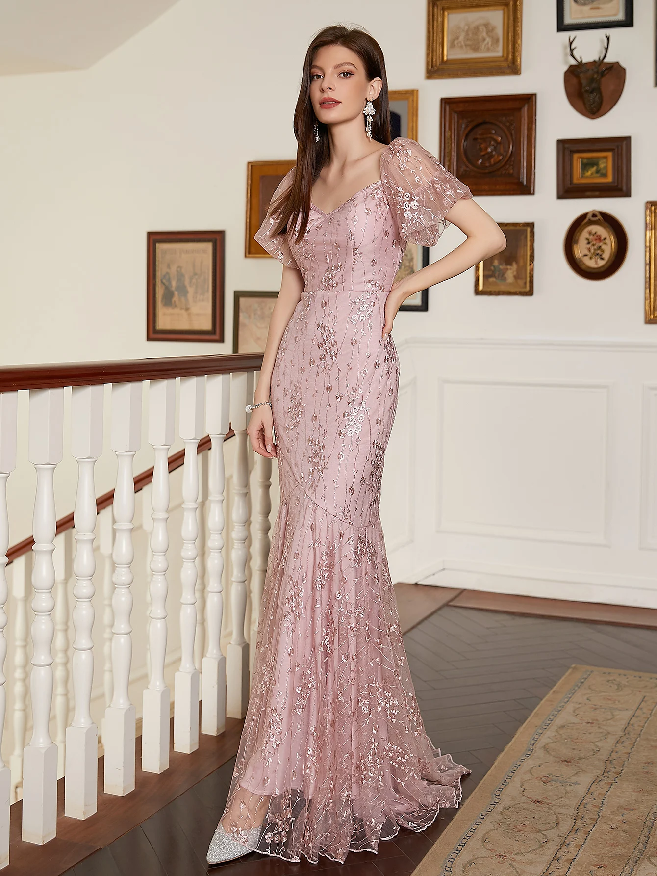 Elegante Roze V-Hals Lange Mouw Stretch Lovertjes Maxi Zeemeermin Jurk