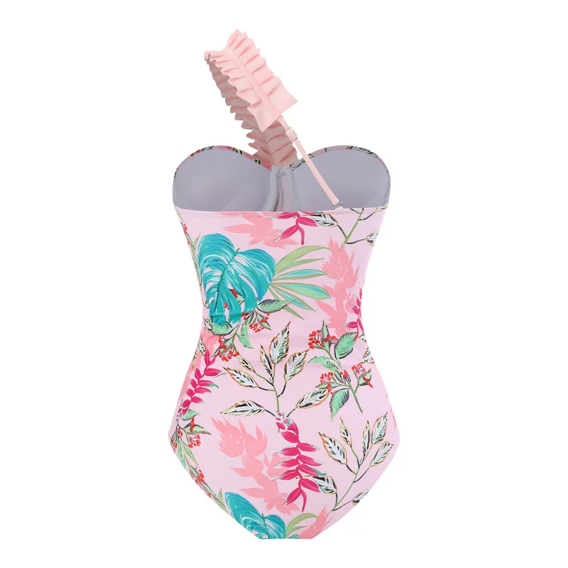 2025Neuer bedruckter einteiliger Badeanzug für Damen, sexy One-Shoulder-Bikini-Badebekleidung mit Netzrock