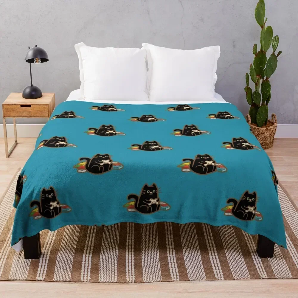 

Gamer Cat in blue Throw Blanket Luxury Brand halloween wednesday Luxury Designer Blankets