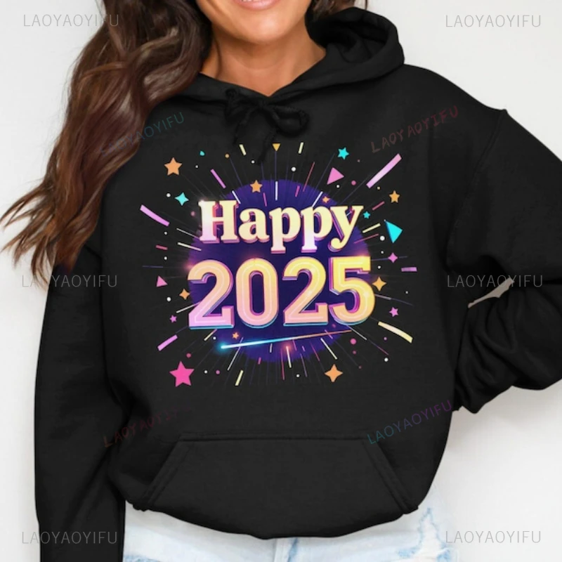 New Year Celebration 2025 Fireworks Printed Hoodie Woman Man Happy New Year Pullover Fashion Casual Drop Shoulder Sweatshirt