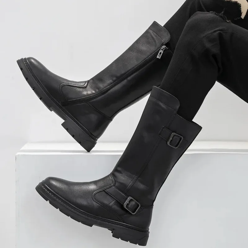 

2026 New Men's Shoes Fashionable High-top Leather Genuine Cowhide Side Zipper Thick-sole Cowboy Boots For Everyday Wear Men Shoe