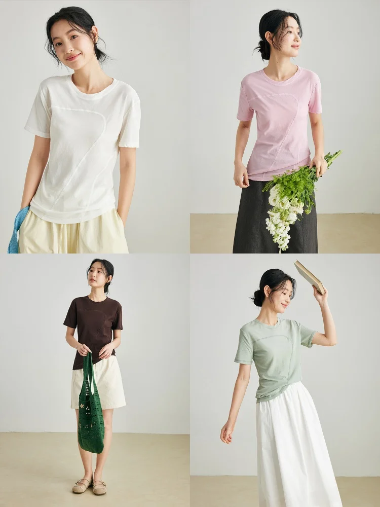 

Faionable round Ne ort Sve T-irt Women's Casual Slim Fit Summer New Sle Simple Design Cotton Top Commute Sle