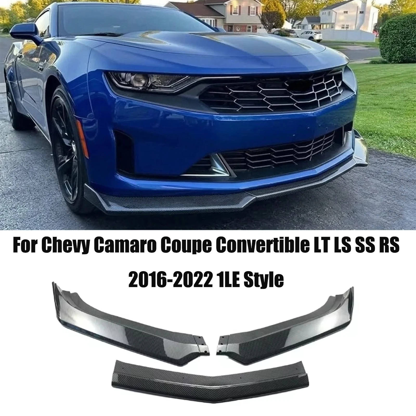 Para Chevy Camaro Coupé Convertible LT LS SS RS 2016-2022, alerón divisor de parachoques delantero estilo 1LE, aspecto de carbono, negro brillante