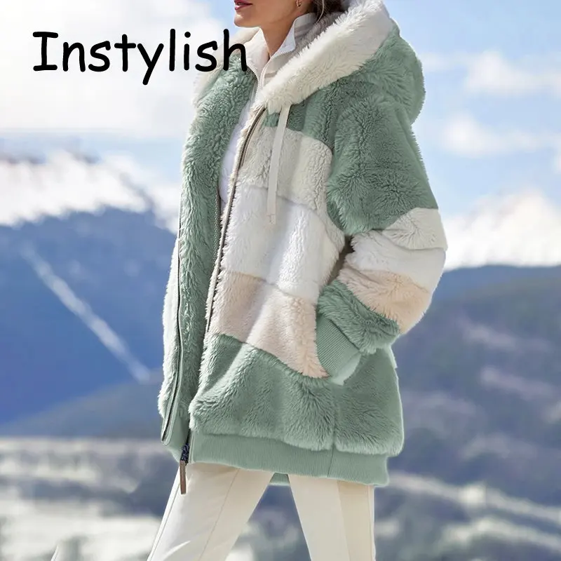 Frauen Elegant Gestreiften Plüsch Mit Kapuze Mantel Winter Dicke Warme Lose Fleece Teddy Jacken Vintage Harajuku Übergroßen Outwear 2023