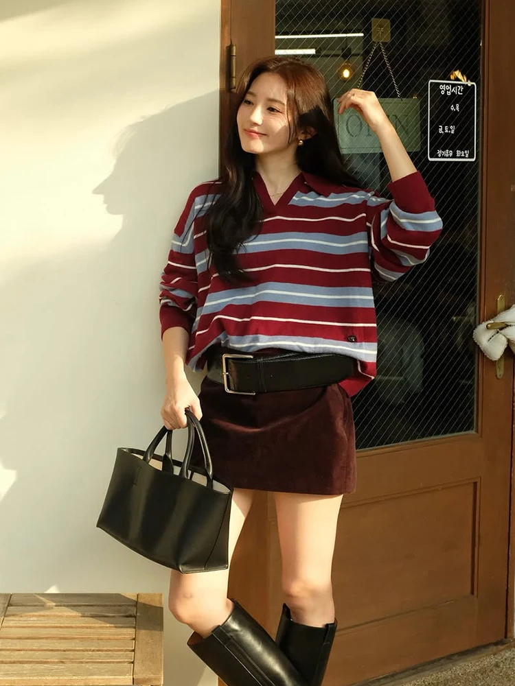 

Striped Polo Collar Pullover Sweater Women Casual Fashion Long Sleeved Loose Knit Sweater Lady Autumn Daily Commute Street Tops