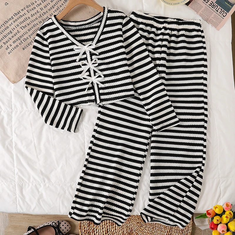 Teen Girls Textured Stripe Matching Suit, Cropped Knit Top & Loose Straight Trousers Casual Spring Daily Two Piece Outfit