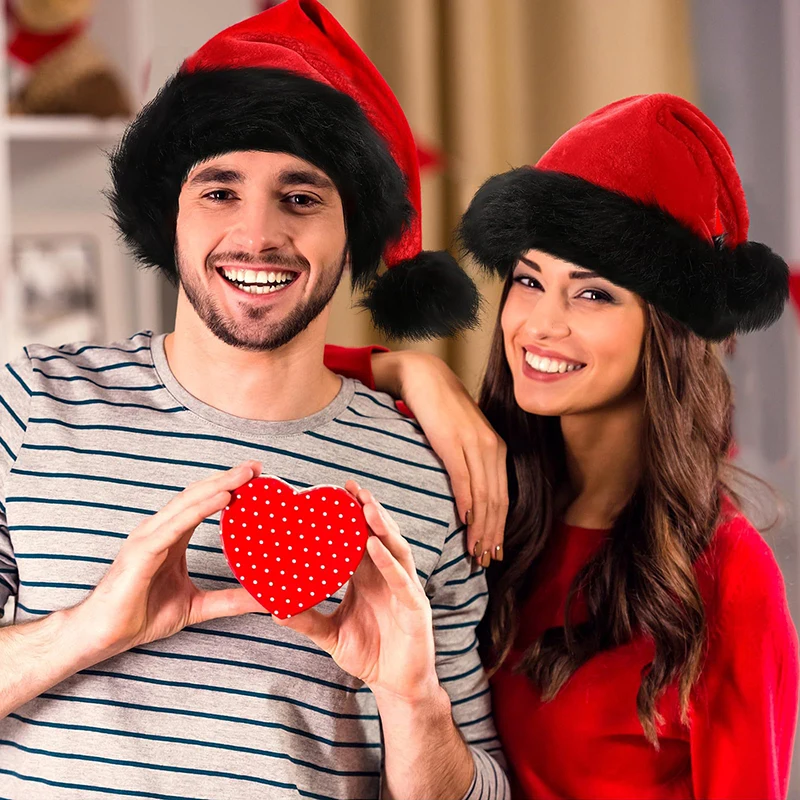 Gorro de Papá Noel de terciopelo para adultos, gorro cómodo, gorro de Papá Noel de Navidad de felpa rojo y negro para regalos de Año Nuevo