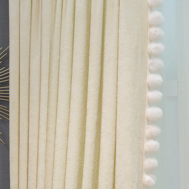 Custom French Nordic luxury  Embroidery cloth Beige white ball velvet texture curtain tulle M1747