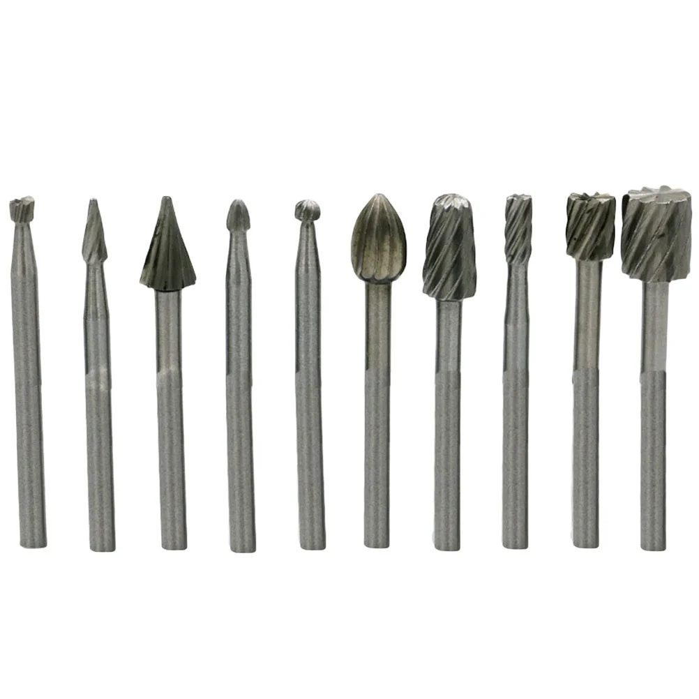 

10 pcs High Speed Steel Woodworking Rotary File 2 5~3mm Handle 39mm Length 10 Shapes Drill Bits for Wood Aluminum Plastic Metal
