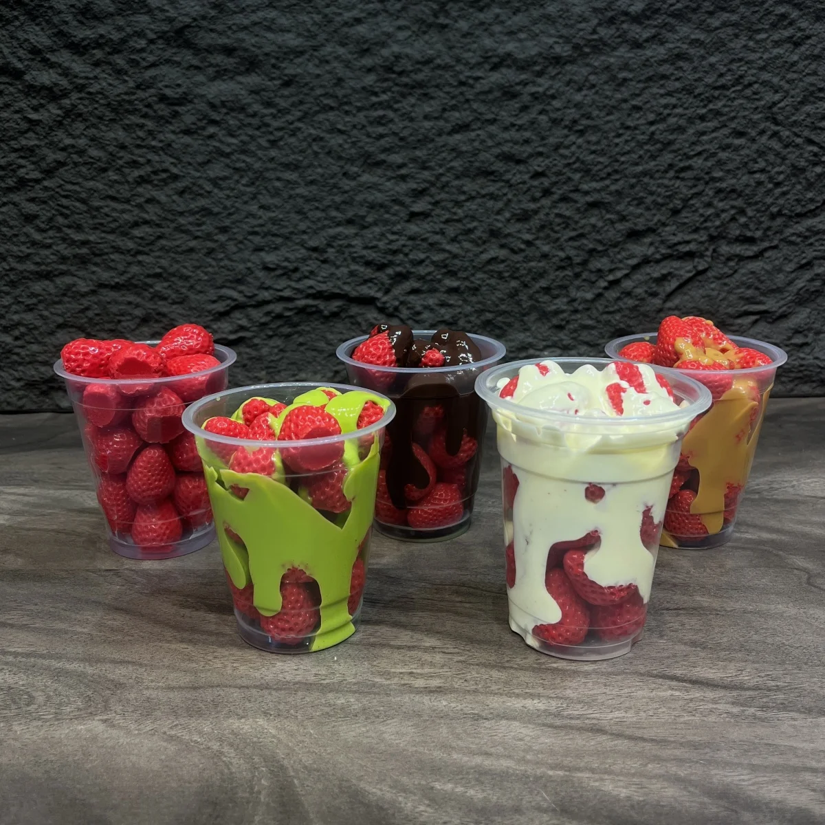 

4.5 inches Strawberry Chocolate Nutella Dubai Topped Melt Colorful Candy Cup Berry Sweet Brunch Dessert Artificial Craft Model