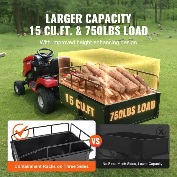 VEVOR Heavy Duty ATV Trailer Steel Dump Cart, 750-Pound 15 Cubic Feet, Garden Utility Trailer with Removable Sides for Riding La