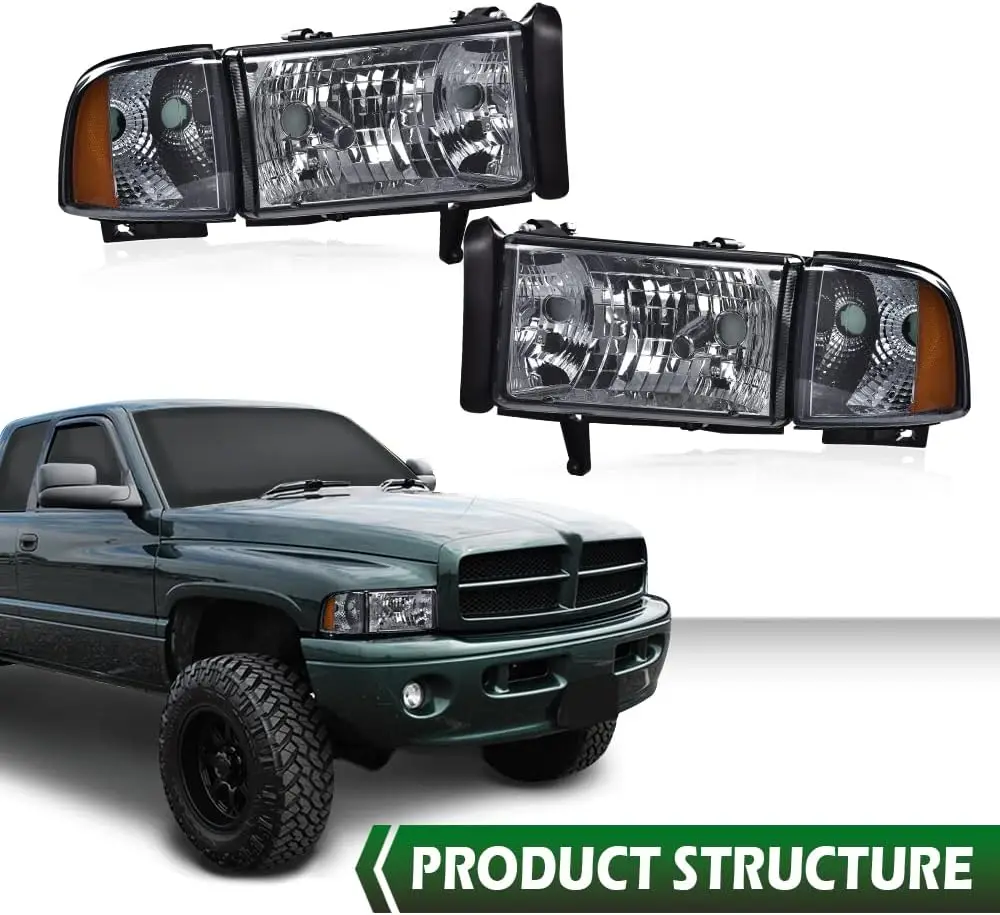 Headlights, Compatible with Dodge Ram 1500 2500 3500 1994 1995 1996 1997 1998 1999 2000 2001 2002 Black Housing Clear Corner Hea