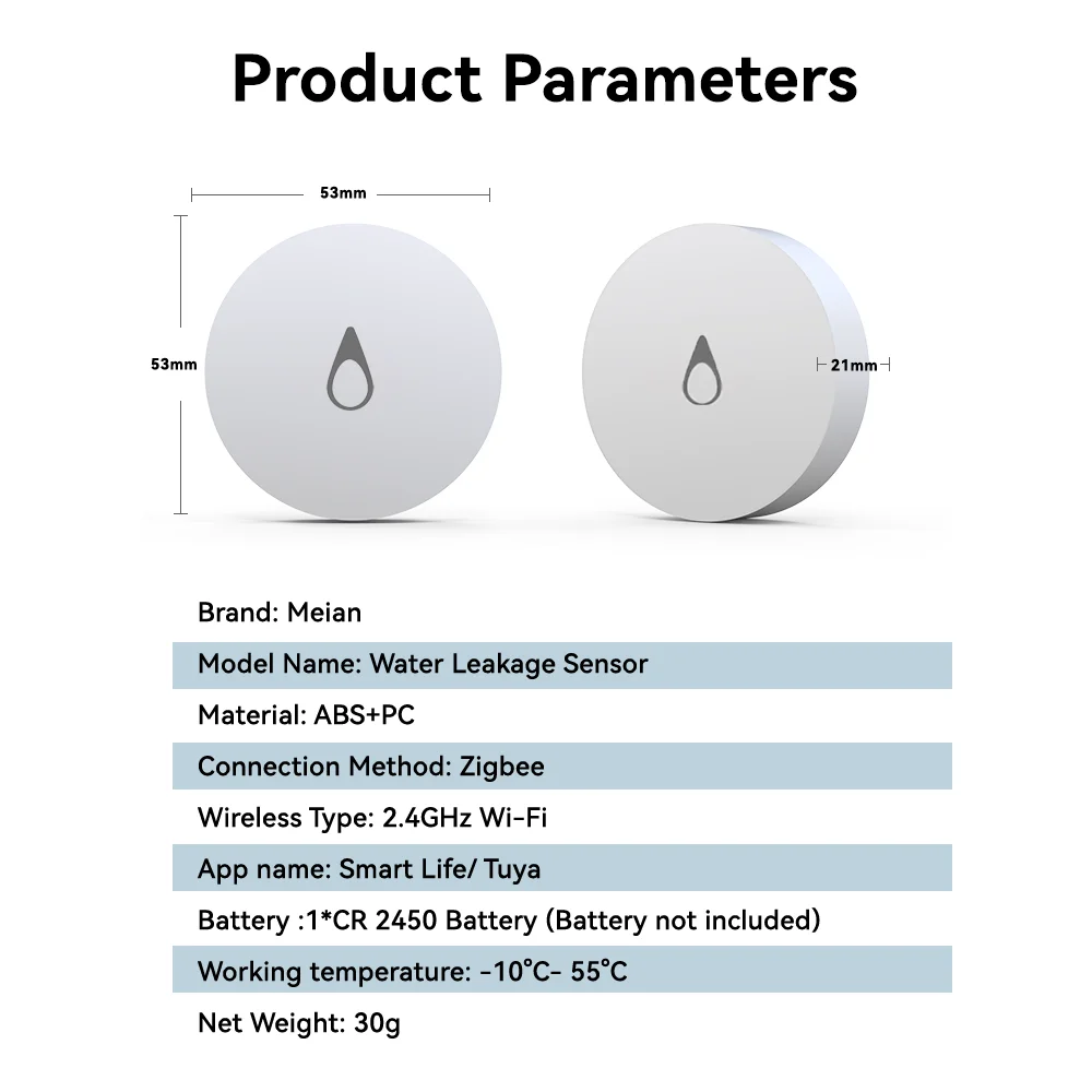 Meian-tuya zigbee水漏れリンケージ検出器、フラッド漏れ防止水センサー、オーバーフロー、防水、スマートホームセキュリティ保護