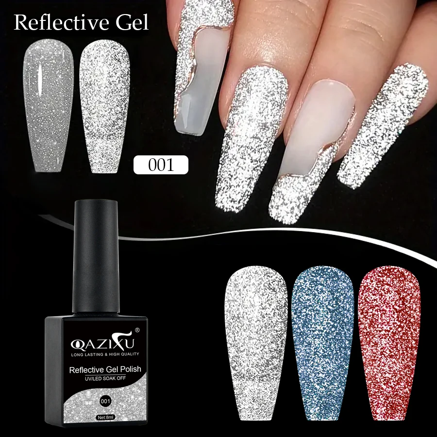 QAZIXU 8ml Silver Reflective Gel Nail Polish Glitter Neon Semi Permanent UV LED Gel Nail Art Varnish Manicure