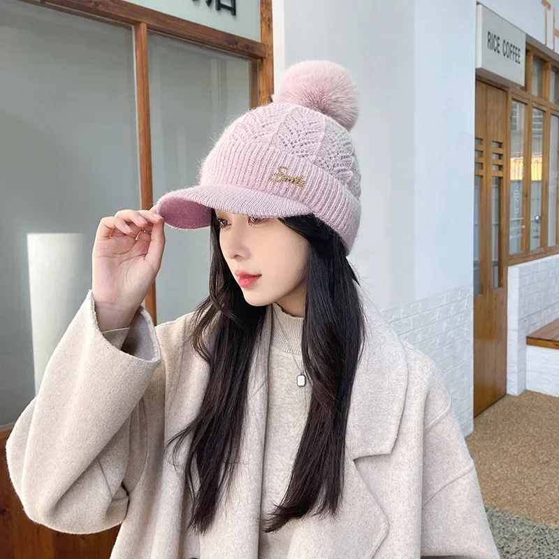 Winter Women Knitted Flat Tongue Hat Autumn Winter Warm Rabbit Hair Letter Warm Baseball Hat Ear Protection Neck Waiver Wool Hat