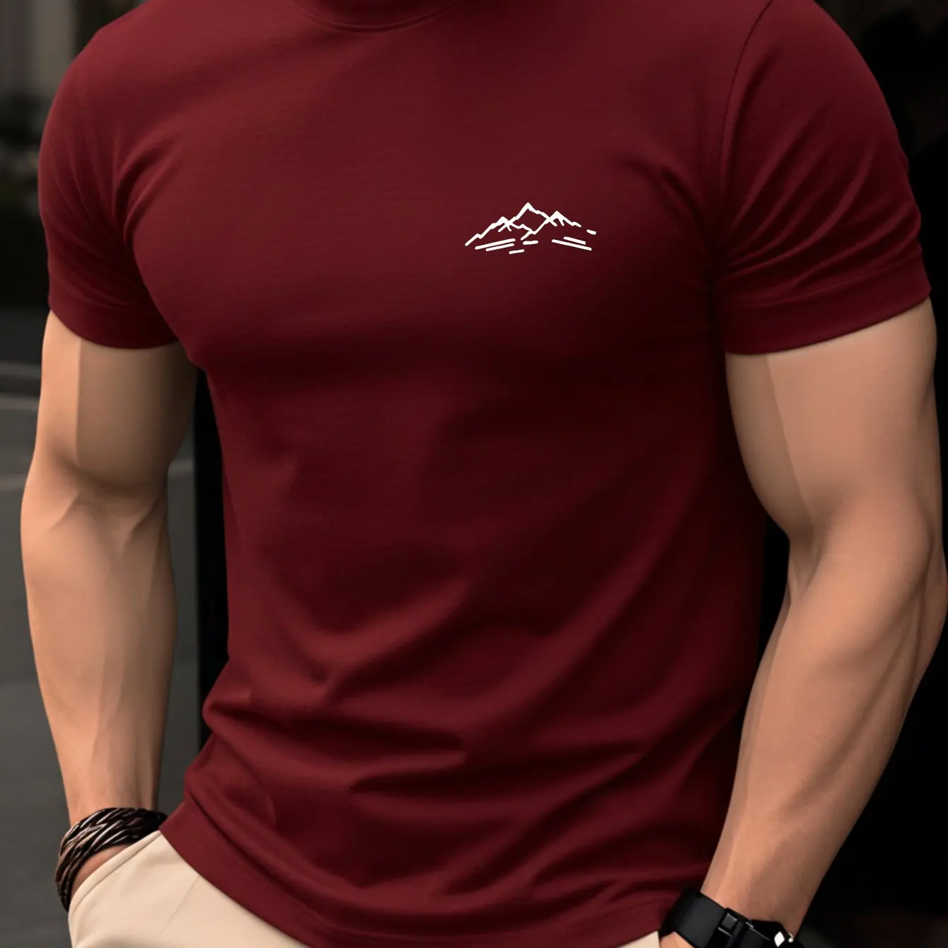 Rotes O-Neck-T-Shirt für Herren mit minimalistischem Bergdruck, lässiges Kurzarm-Baumwoll-T-Shirt, Outdoor-Streetwear-Slim-Fit-Oberteile für Herren