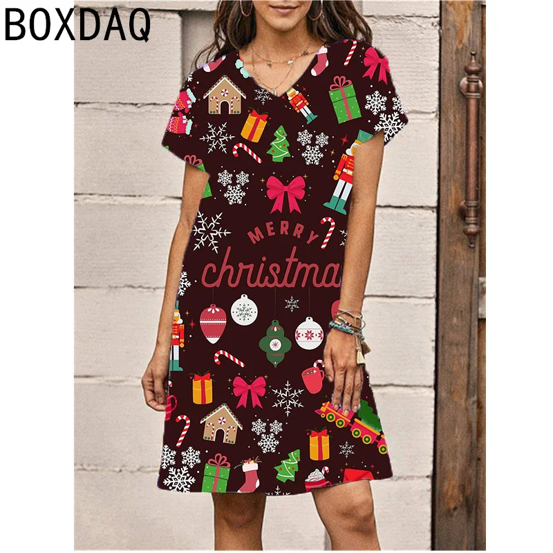 Women Short Sleeve V-Neck Printed Dress 3D Christmas Gift Snowman Letter Printed Dress Big Size 3XL Female Casual Dress Vestidos