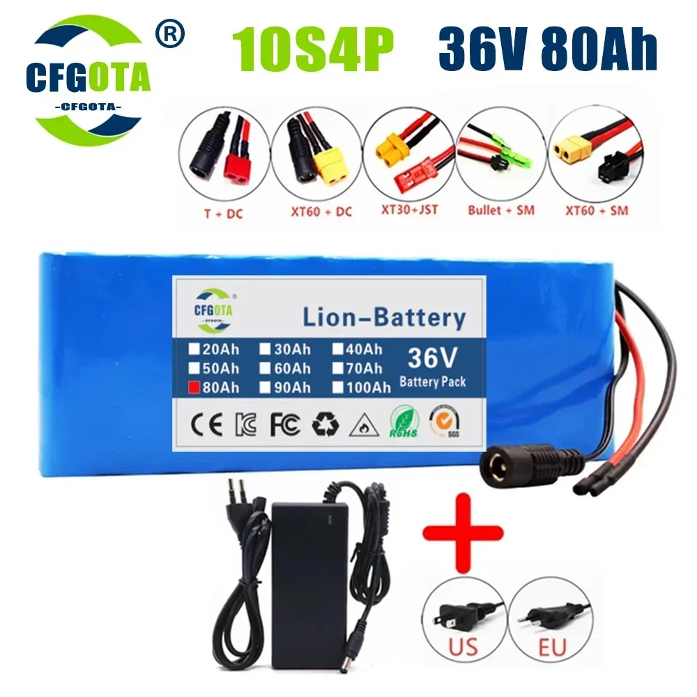 

100% Original 36V battery 10S4P 80Ah battery pack 1000W high power battery 42V 80000mAh Ebike electric bike BMS+42V2A Charger