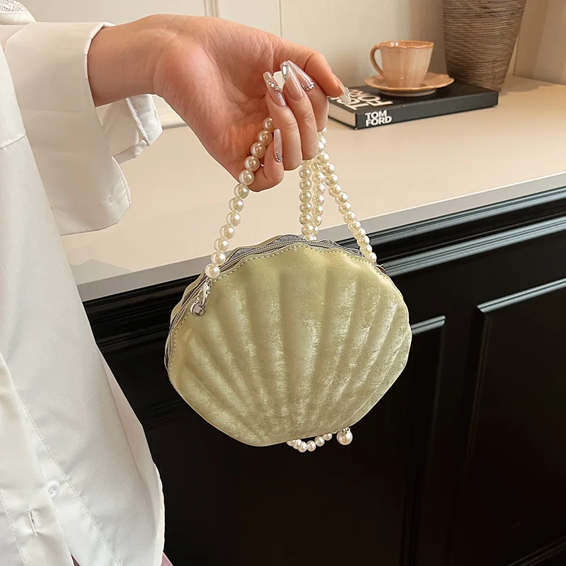 Women\'s Handbag Velvet Texture Solid Color Seashell Box Evening Bag 2024 Clutches With Pearl Chain Shoulder Bags Ladies Purses