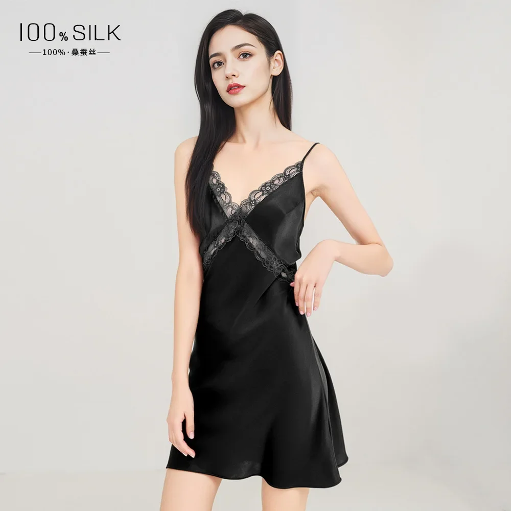 

Women 100% Mulberry Silk Short Dress Sleepwear Nighty Summer Sexy Nightdress Pyjamas Backless Bridal Nightgown Sling Lingerie PJ