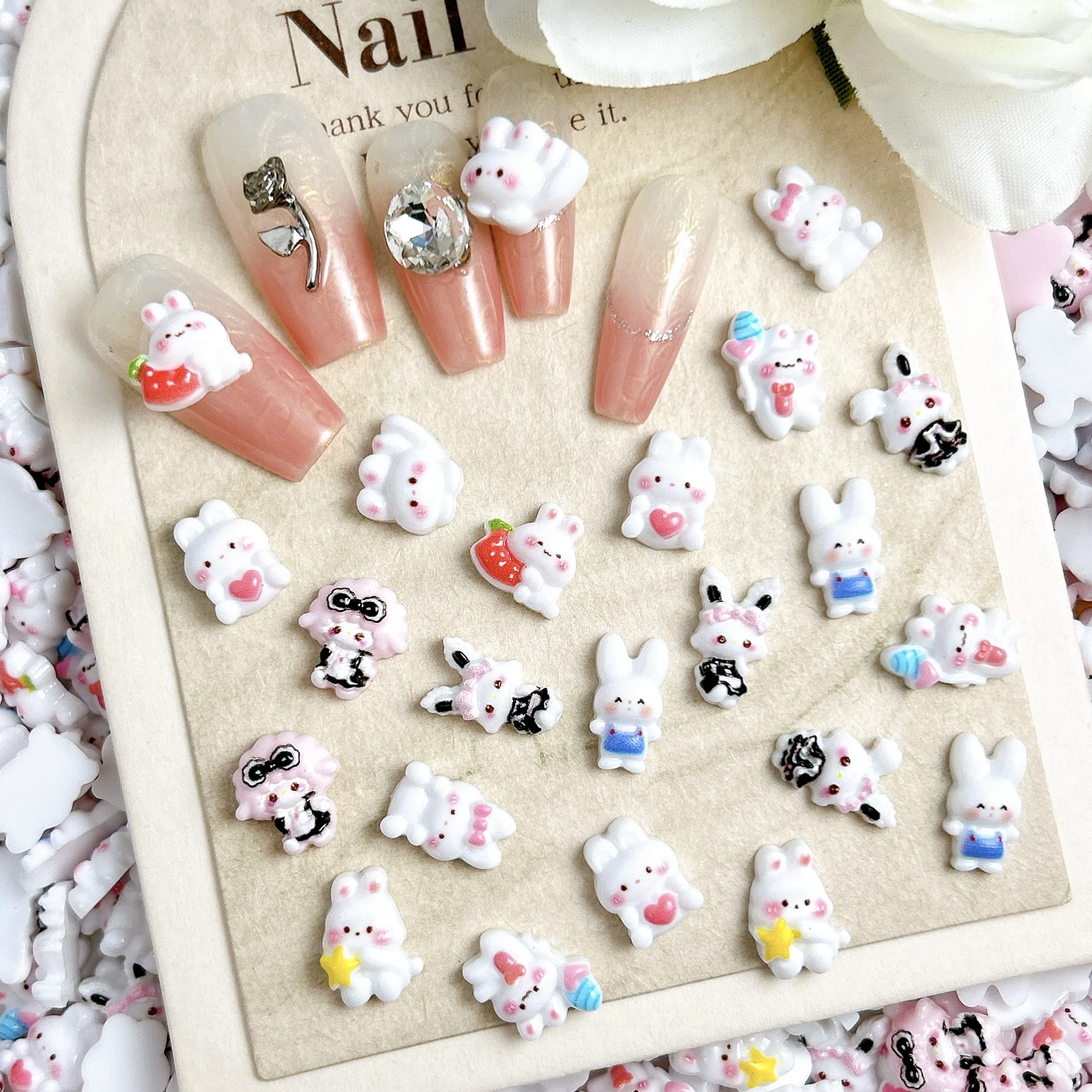 30PCS 3D Kawaii Cartoon Powder Blusher Rabbit Resin Nail Art Decorations Creative Skirt Star Bow Rabbit Nail Charms DIY Nails